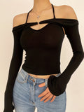 vlovelaw  Solid Sexy Two-piece Set, Off Shoulder Long Sleeve Tops & Backless Halter Top Outfits, Women's Clothing