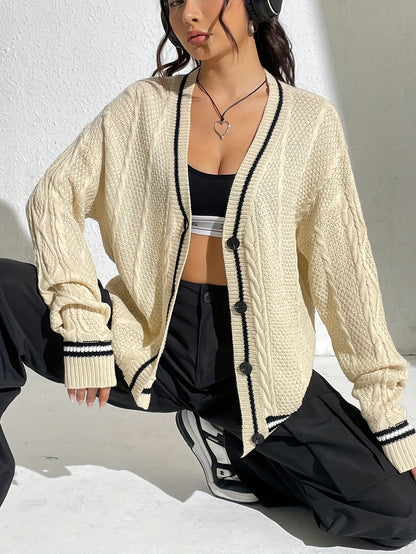 vlovelaw  Striped Button Down Cable Knit Cardigan, Elegant V Neck Long Sleeve Sweater, Women's Clothing