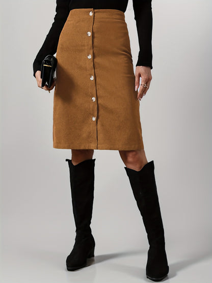 Solid Button Front Corduroy Skirt, Casual High Waist Knee Length Skirt, Women's Clothing