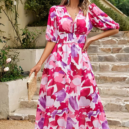 vlovelaw  Floral Print V Neck Dress, Boho Short Sleeve Ruched Waist Dress For Spring & Summer, Women's Clothing