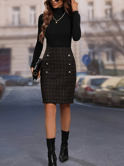 vlovelaw  Double Breasted Split Skirt, Elegant Bodycon Skirt For Spring & Fall, Women's Clothing