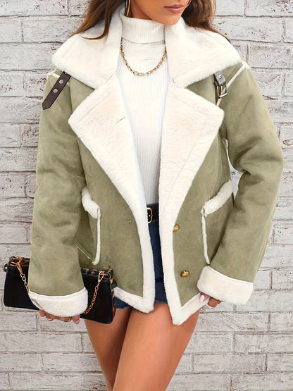 vlovelaw  Lapel Plush Jacket, Winter Warm Casual Outwear, Women's Clothing