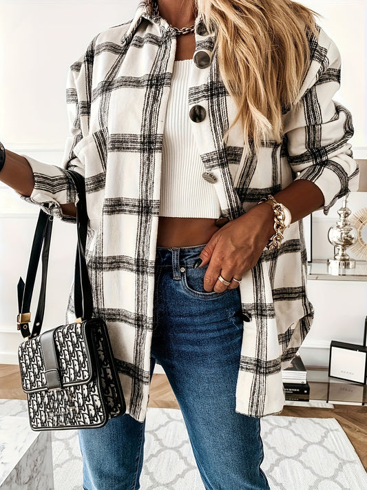 Plaid Print Shacket Jacket, Casual Button Front Long Sleeve Outerwear With Pockets, Women's Clothing