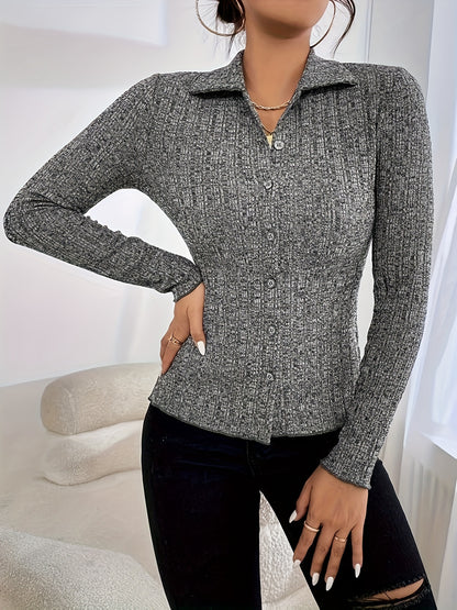 vlovelaw  Solid Button Down Knit Cardigan, Elegant Turndown Collar Long Sleeve Slim Sweater, Women's Clothing