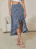 vlovelaw  Floral Print High Waist Skirt, Cute Asymmetrical Skirt For Spring & Summer, Women's Clothing