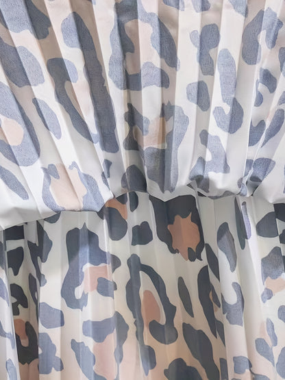 Plus Size Casual Skirt, Women's Plus Leopard Print Elastic High Waisted Pleated A-line Skirt
