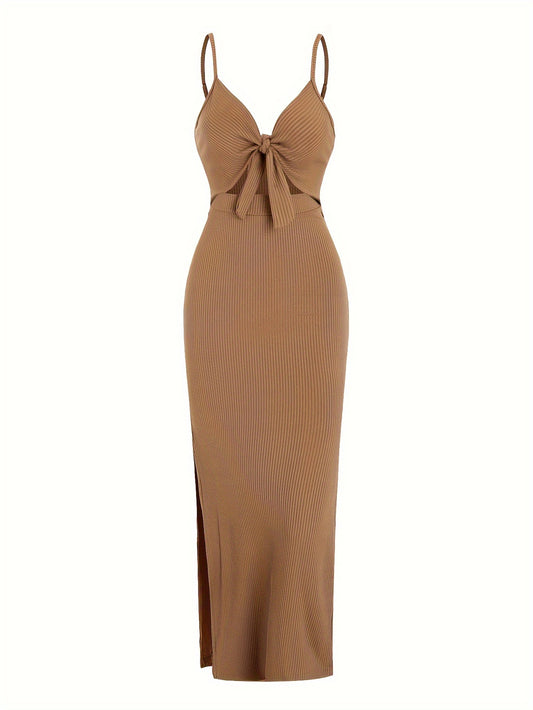 vlovelaw Sexy Spaghetti Strap Ribbed Knot Cutout Side Split Maxi Dress, Solid Body-Con Dress For Spring & Fall, Women's Clothing