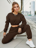 Solid Workout Two-piece Set, Cropped Long Sleeve Sweatshirt & Elastic Waist Jogger Pants Outfits, Women's Clothing