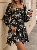 Floral Print Drawstring Square Neck Dress, Casual Long Sleeve Dress For Spring & Summer, Women's Clothing