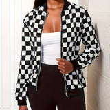 Checkerboard Print Bomber Jacket, Casual Zip Up Long Sleeve Outerwear, Women's Clothing