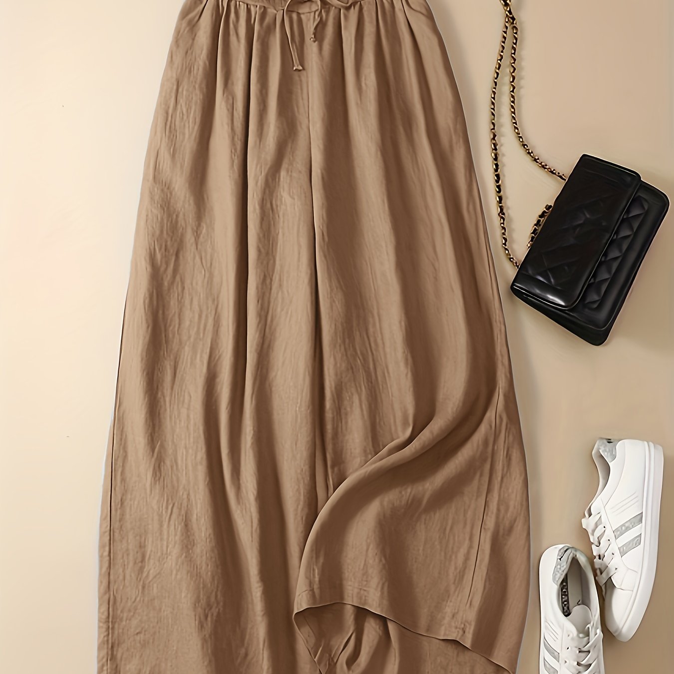 vlovelaw Plus Size Casual Pants, Women's Plus Solid High Waist Drawstring Wide Leg Loose Pants