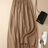 vlovelaw Plus Size Casual Pants, Women's Plus Solid High Waist Drawstring Wide Leg Loose Pants