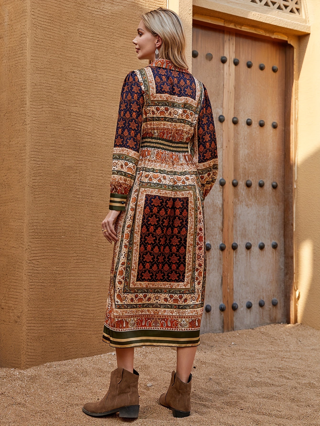 vlovelaw Boho Allover Print Button Detail Dress, Vintage V Neck Long Sleeve Dress For Spring & Fall, Women's Clothing