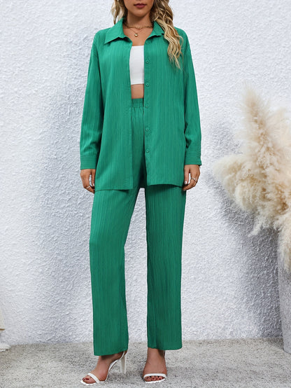 vlovelaw  Solid Casual Two-piece Set, Button Front Long Sleeve Shirt & Wide Leg Pants Outfits, Women's Clothing