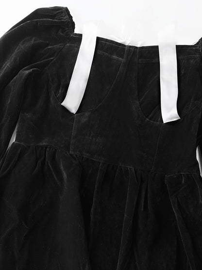 vlovelaw  Color Block Tie Shoulder Velvet Dress, Elegant Long Sleeve Party Dress, Women's Clothing