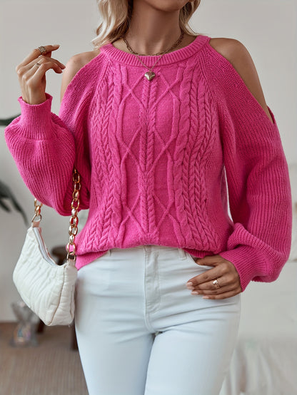 vlovelaw  vlovelaw  Solid Cold Shoulder Cable Knit Sweater, Casual Crew Neck Long Sleeve Sweater, Women's Clothing