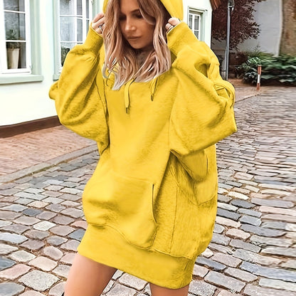 vlovelaw  Solid Color Kangaroo Pocket Hoodie, Casual Long Sleeve Thigh Length Drawstring Hoodie Sweatshirt, Women's Clothing