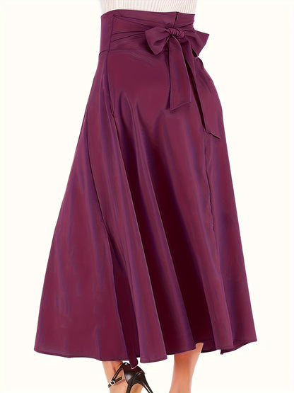 Plus Size Casual Skirt, Women's Plus Solid High Rise Belted Zipper Back A-line Skirt