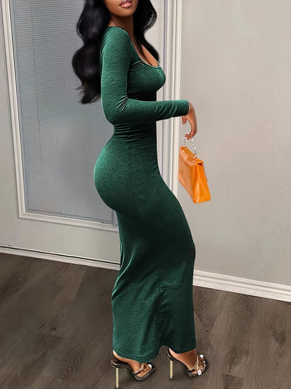 vlovelaw Squared Neck Solid Maxi Dress, Casual Long Sleeve Bodycon Dress, Women's Clothing