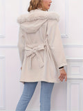Solid Patched Pockets Belted Jacket, Casual Long Sleeve Hooded Jacket For Fall & Winter, Women's Clothing