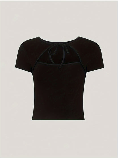 vlovelaw  Cut Out Tie-neck Crop Top, Y2K Short Sleeve Top For Spring & Summer, Women's Clothing