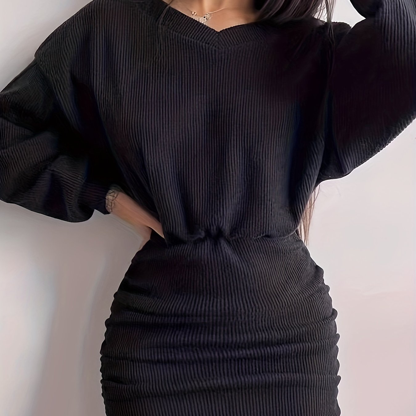 vlovelaw  Ruched Bodycon Dress, Sexy Long Sleeve Bag Hip Mini Dress, Women's Clothing