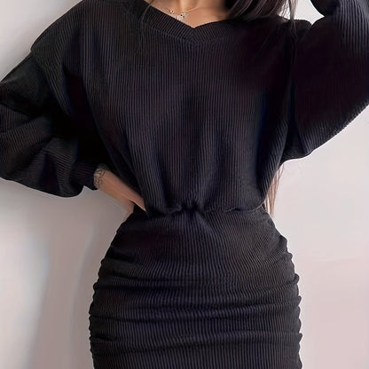vlovelaw  Ruched Bodycon Dress, Sexy Long Sleeve Bag Hip Mini Dress, Women's Clothing