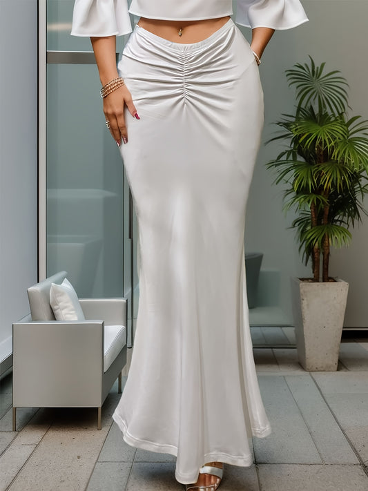 Ruched Mermaid Skirts, Sexy Solid Bodycon Party Maxi Skirts, Women's Clothing