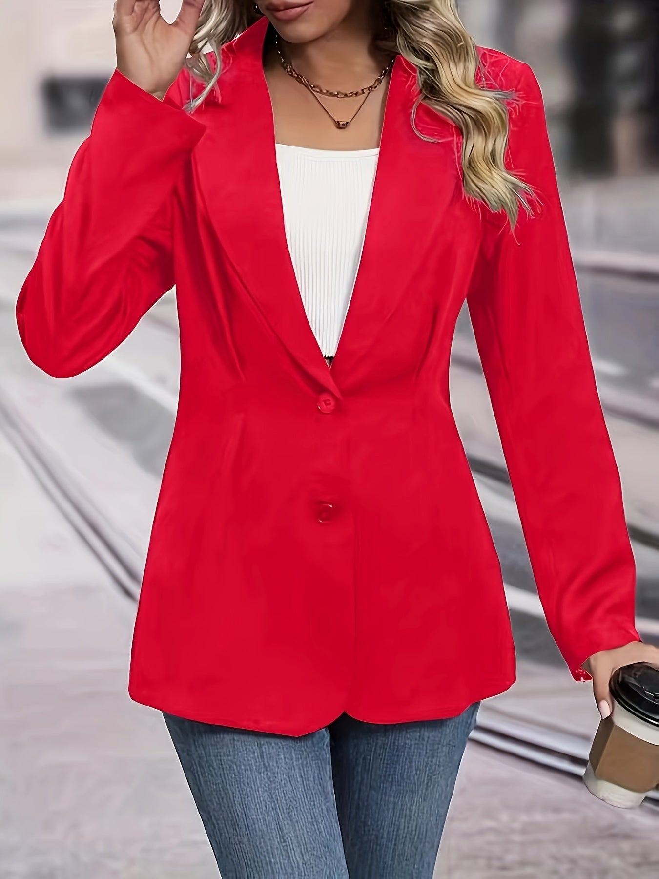 Single Breasted Lapel Blazer, Elegant Solid Long Sleeve Work Office Outerwear, Women's Clothing