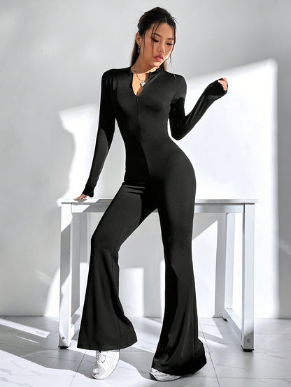 Solid Flare Leg Jumpsuit, Elegant Zip Front Long Sleeve Bodycon Jumpsuit, Women's Clothing