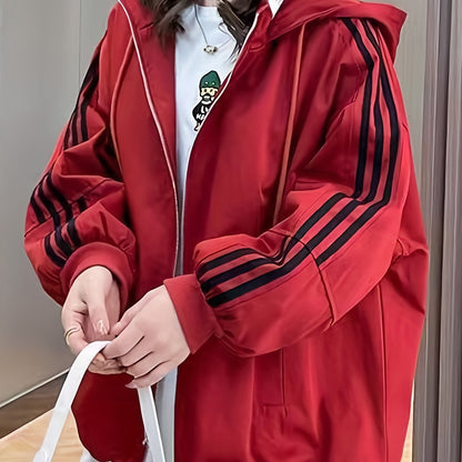 Striped Print Zip Up Jacket, Casual Drawstring Hooded Jacket, Women's Clothing