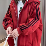 Striped Print Zip Up Jacket, Casual Drawstring Hooded Jacket, Women's Clothing