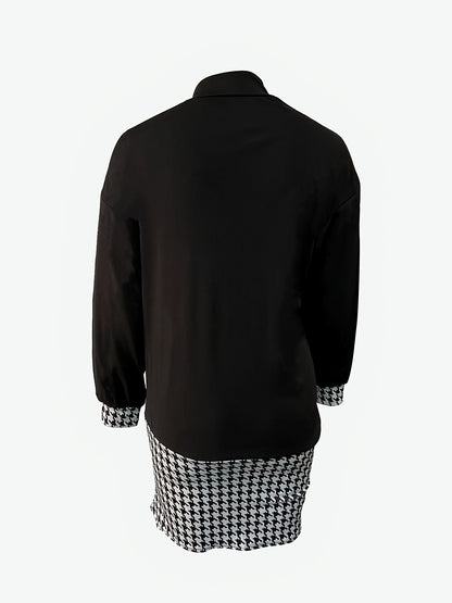 vlovelaw  Houndstooth Asymmetrical High Collar Long Sleeve Dress, Elegant Autumn Bag Hip Stylish Dress, Women's Clothing