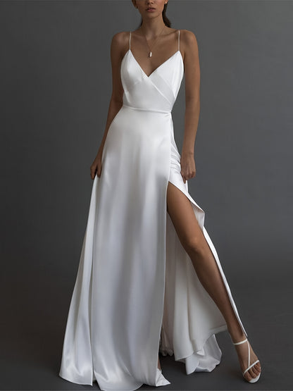 Solid V Neck Suspender Dress, Elegant Sleeveless Split Maxi Dress For Party & Banquet, Women's Clothing