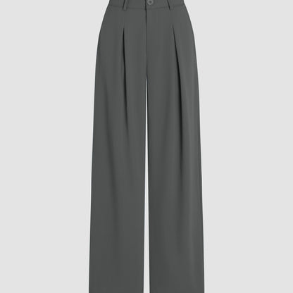 Solid Wide Leg Pants, Elegant Button Slant Pocket Draped Pants, Women's Clothing