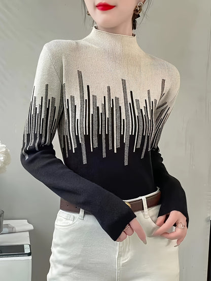 Color Block Mock Neck Pullover Sweater, Elegant Long Sleeve Slim Fashion Sweater, Women's Clothing