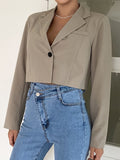 Cropped Solid Lapel Blazer, Elegant Open Front Long Sleeve Outerwear, Women's Clothing