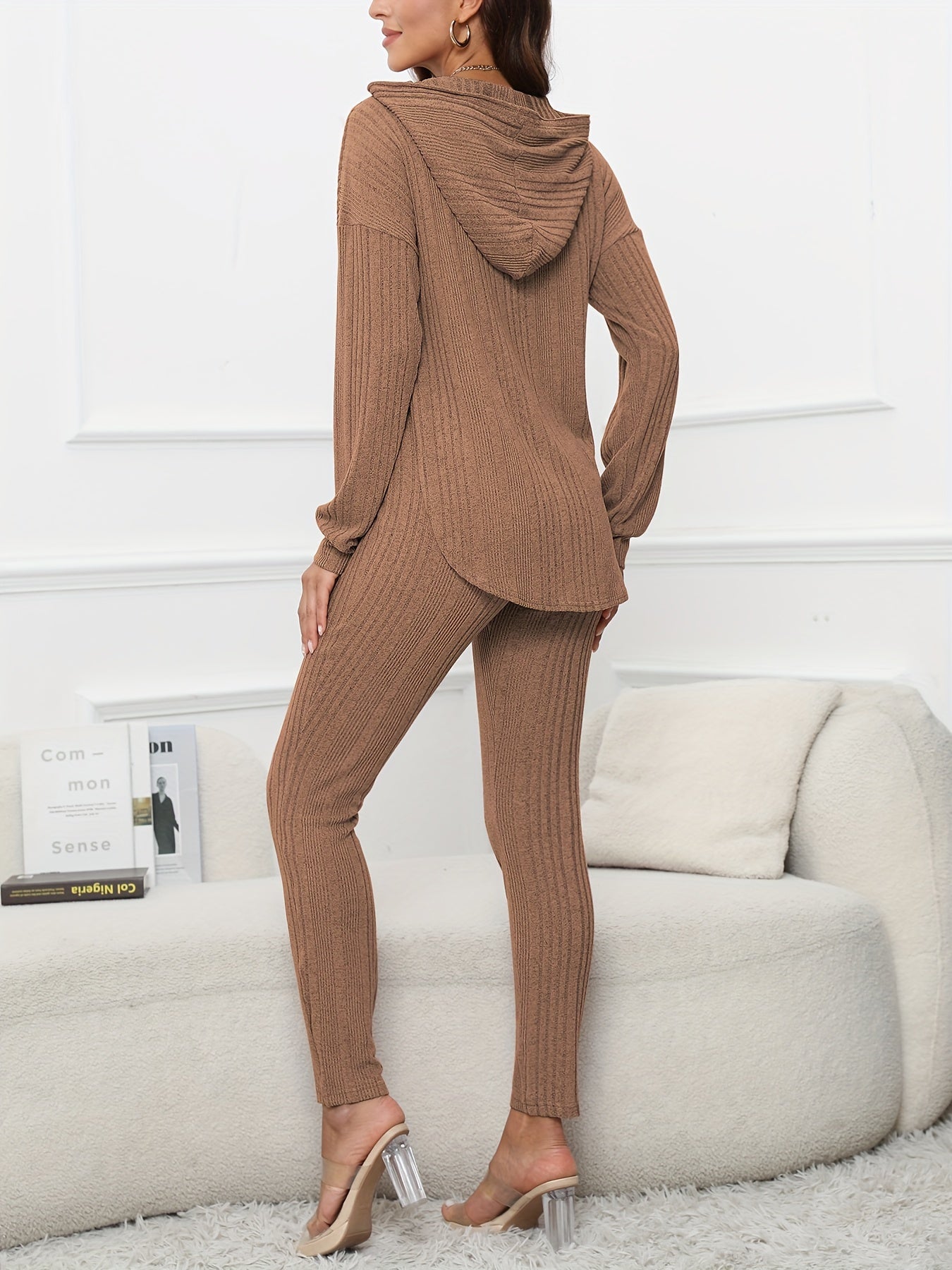 Solid Casual Knitted Two-piece Set, Long Sleeve Split Hooded Top & Skinny Pants Outfits, Women's Clothing
