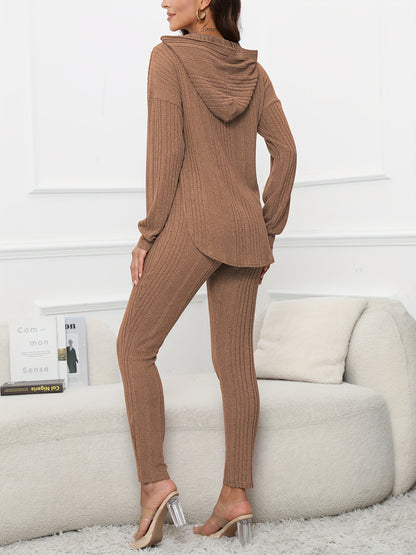 Solid Casual Knitted Two-piece Set, Long Sleeve Split Hooded Top & Skinny Pants Outfits, Women's Clothing