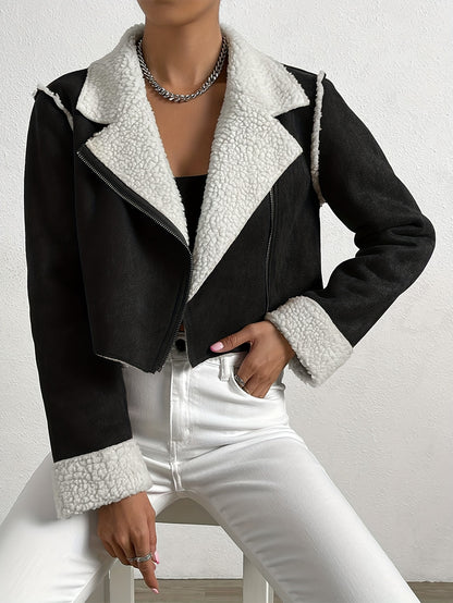 vlovelaw  Teddy Slanted Zipper Coat, Casual Long Sleeve Fall & Winter Jacket, Women's Clothing
