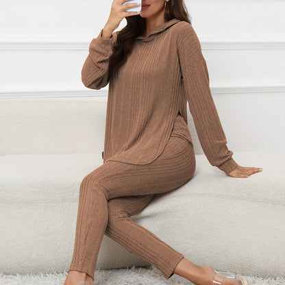 Solid Casual Knitted Two-piece Set, Long Sleeve Split Hooded Top & Skinny Pants Outfits, Women's Clothing