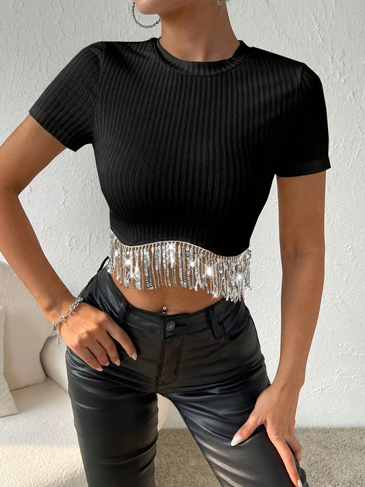 vlovelaw  Sequin Fringe Hem Crew Neck Top, Stylish Short Sleeve Crop Top For Spring & Summer, Women's Clothing