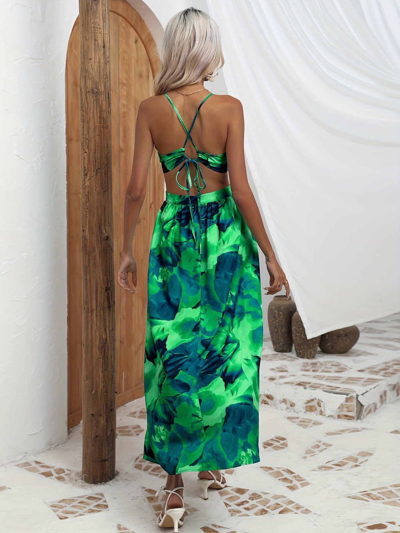 vlovelaw Floral Print Cut Out Cami Dress, Sexy Split Backless Spaghetti Dress, Women's Clothing