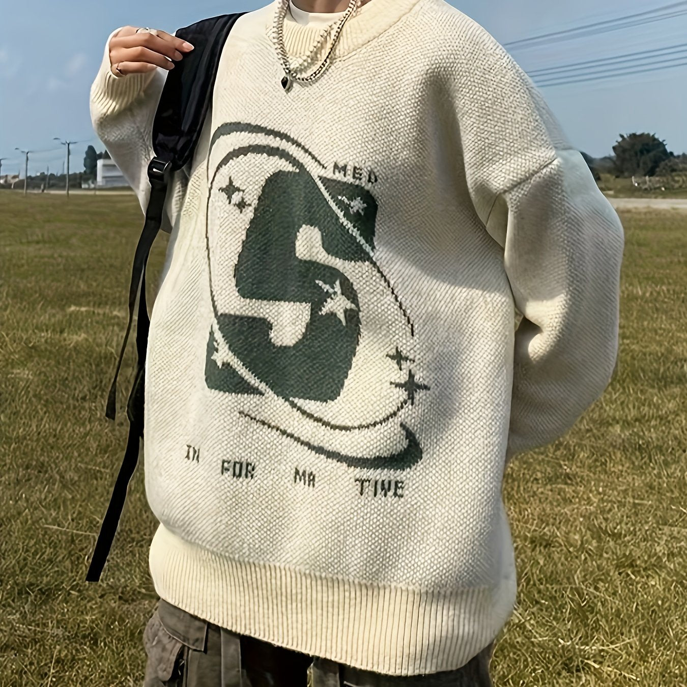 vlovelaw  Letter Pattern Crew Neck Pullover Sweater, Casual Long Sleeve Loose Sweater, Women's Clothing
