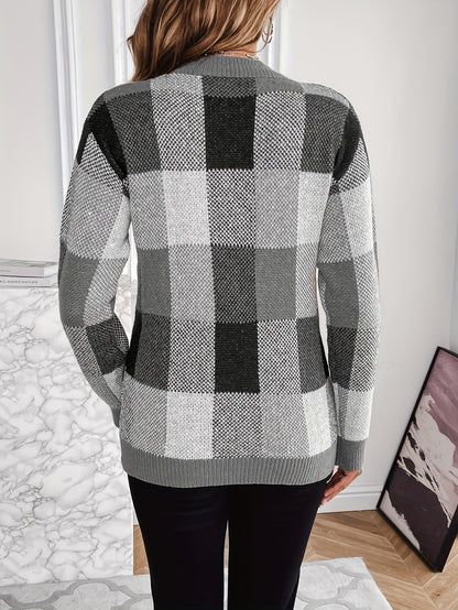 vlovelaw Plaid Pattern Crew Neck Pullover Sweater, Casual Long Sleeve Sweater For Fall & Winter, Women's Clothing