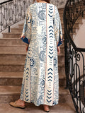 Graphic Print Notched Neck Abayas, Vintage Long Sleeve Maxi Length Dress, Women's Clothing