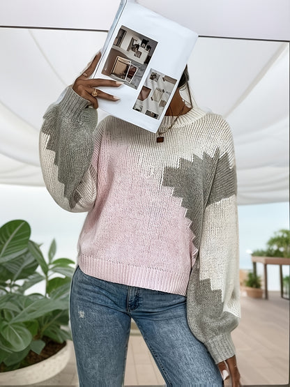 vlovelaw  Color Block Crew Neck Sweater, Casual Long Sleeve Drop Shoulder Sweater, Women's Clothing