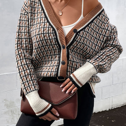 Plaid Pattern Button Knit Cardigan, Vintage V Neck Long Sleeve Sweater, Women's Clothing