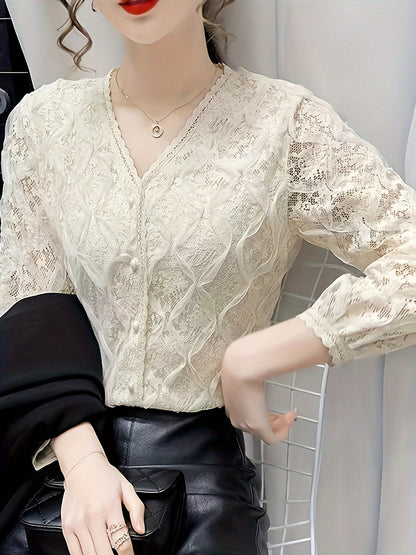 vlovelaw  Lace V Neck Button Front Blouse, Elegant Long Sleeve Blouse For Spring & Fall, Women's Clothing