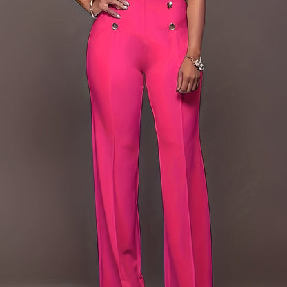 Plus Size Casual Pants, Women's Plus Solid Button Decor High Rise Elastic Straight Leg Pants